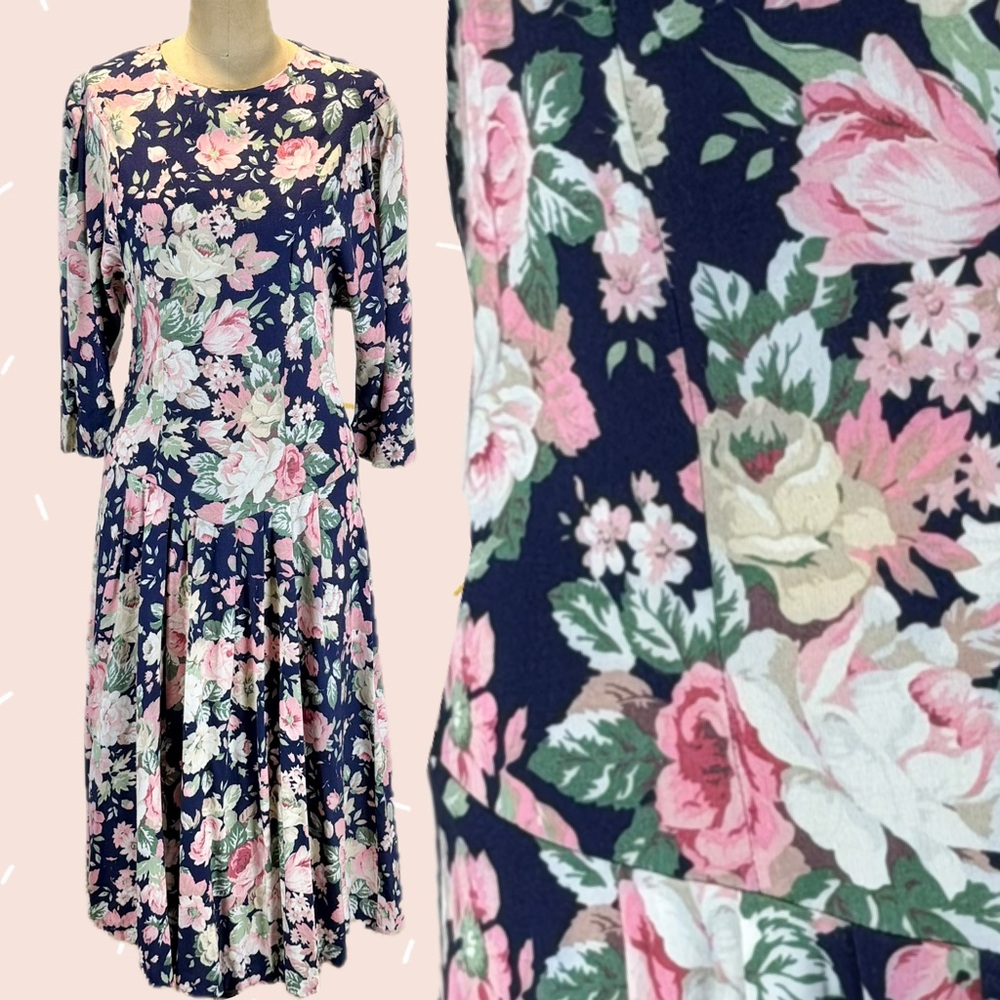 VINTAGE 80s floral cabbage rose dress dolman long sleeve drop yoke‎ waist